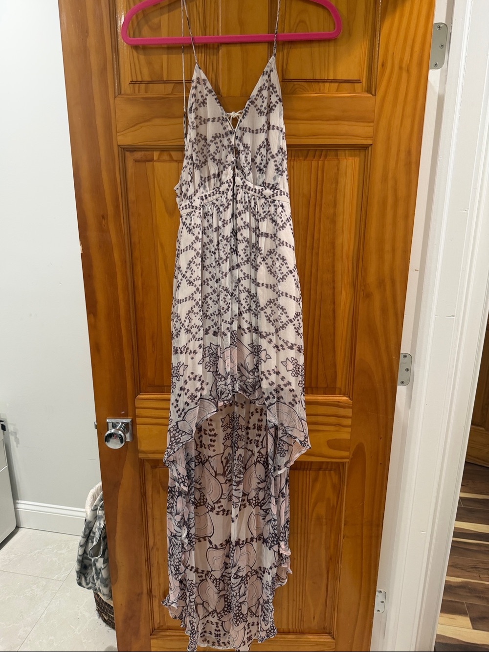 Spaghetti-Strap Pink Floral High-Low Maxi Dress